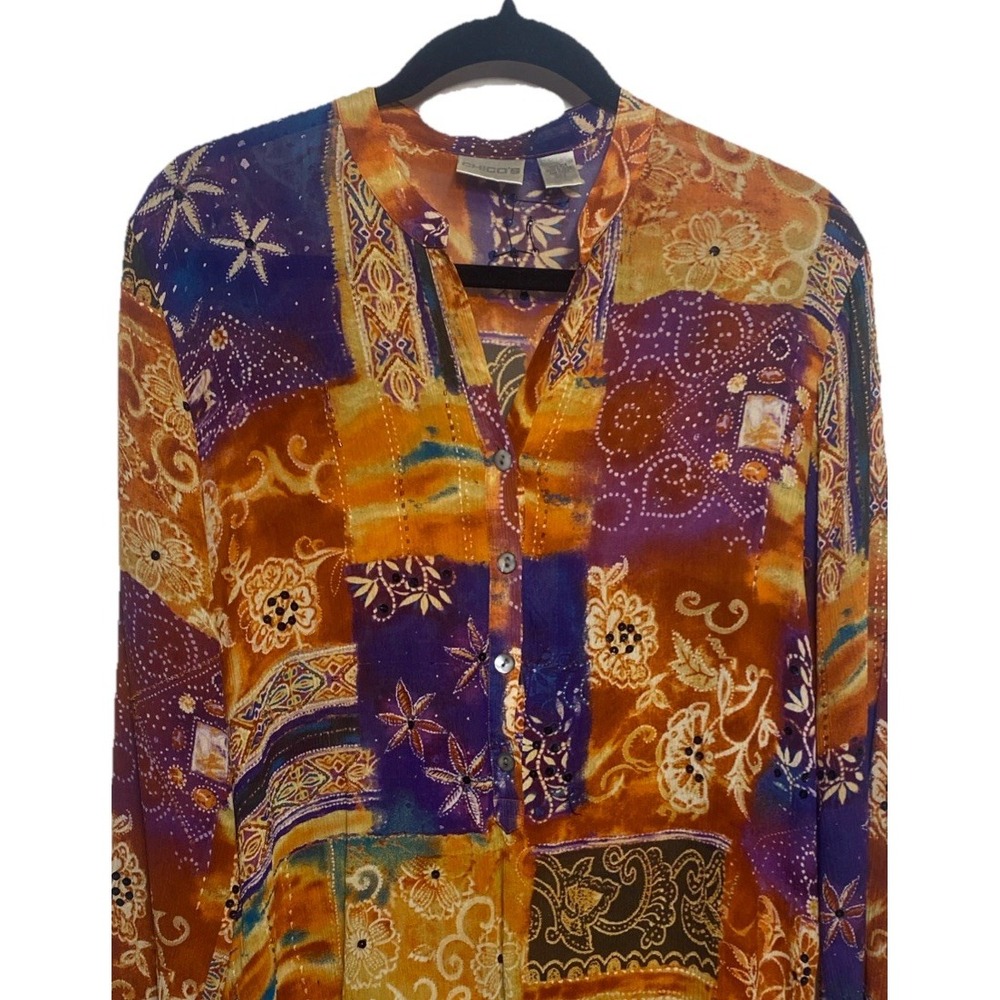 Chico's VTG 100% Silk 3/4 Button Sequin Detail Floral Mix‎ Pattern Blouse Size 0